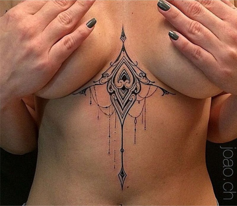Тату между грудиной у девушек