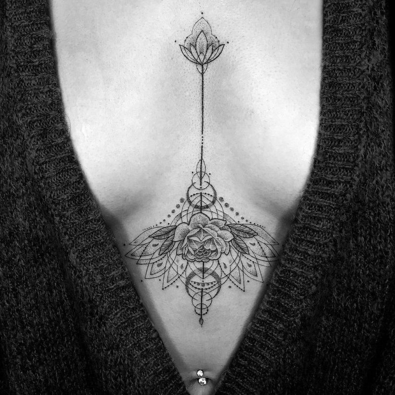 Тату между грудиной у девушек