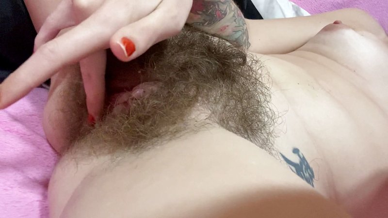 Super Bush girl with orgasm and big clit masturbation